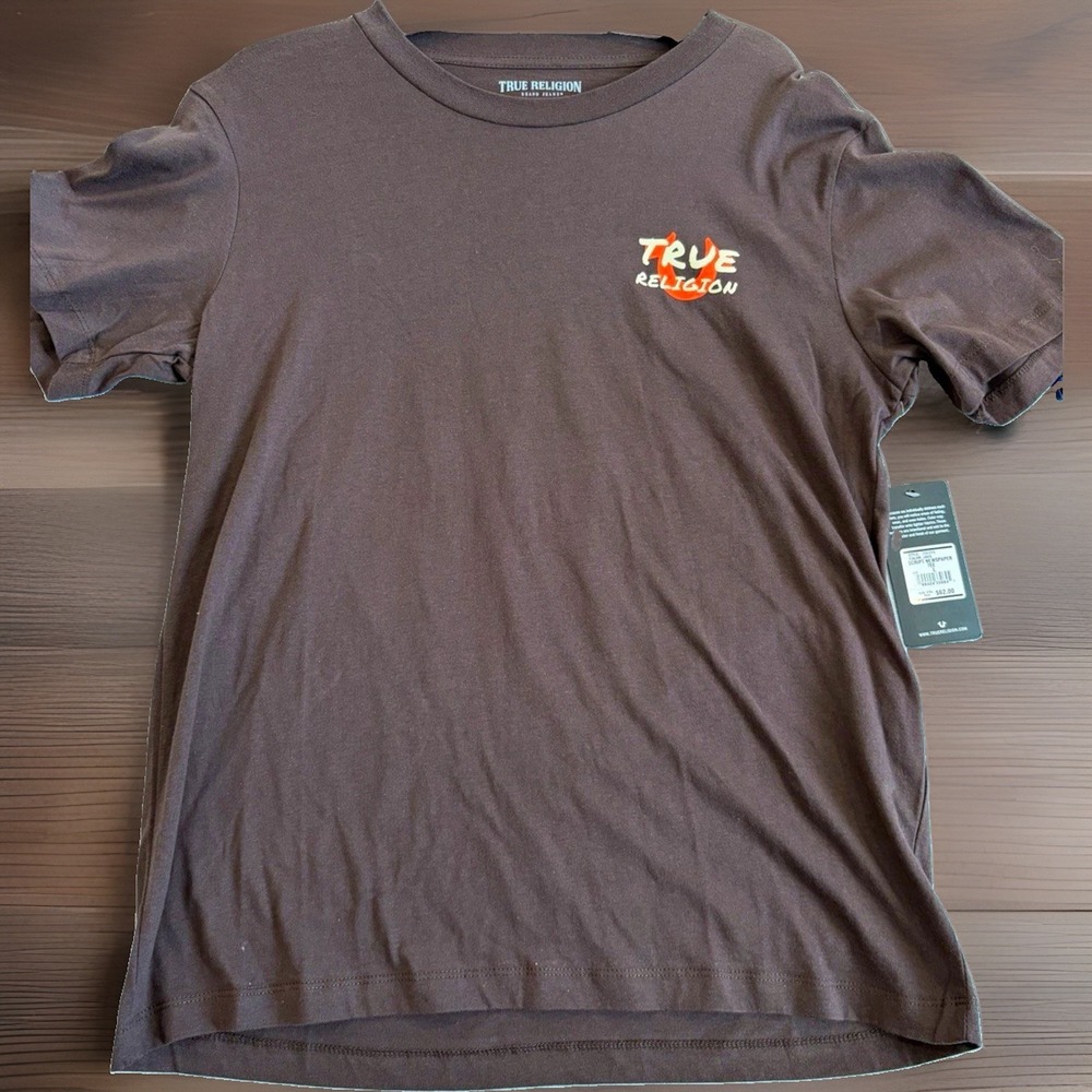 True Religion Script MPT Newspaper Men's L Brown Logo Graphic Crew Neck Tee